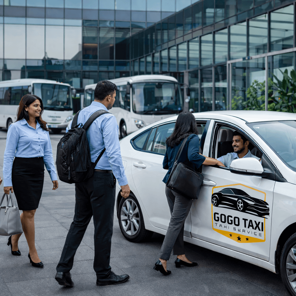 Home - GOGO Taxi Corporate cab service in Hyderabad with employees boarding GOGO Taxi for office transport