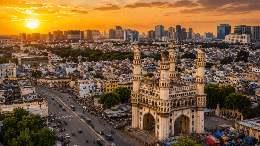 Hyderabad Travel Guide 2026 featuring Charminar and Hyderabad skyline