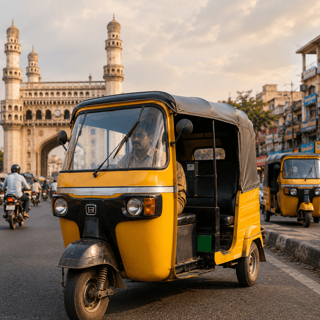 Yellow auto rickshaw with driver near Charminar in Hyderabad,